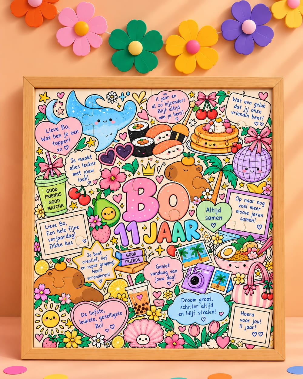 Ingelijst kawaii verjaardagskunstwerk met "Bo 11 jaar" onder een bloemenslinger