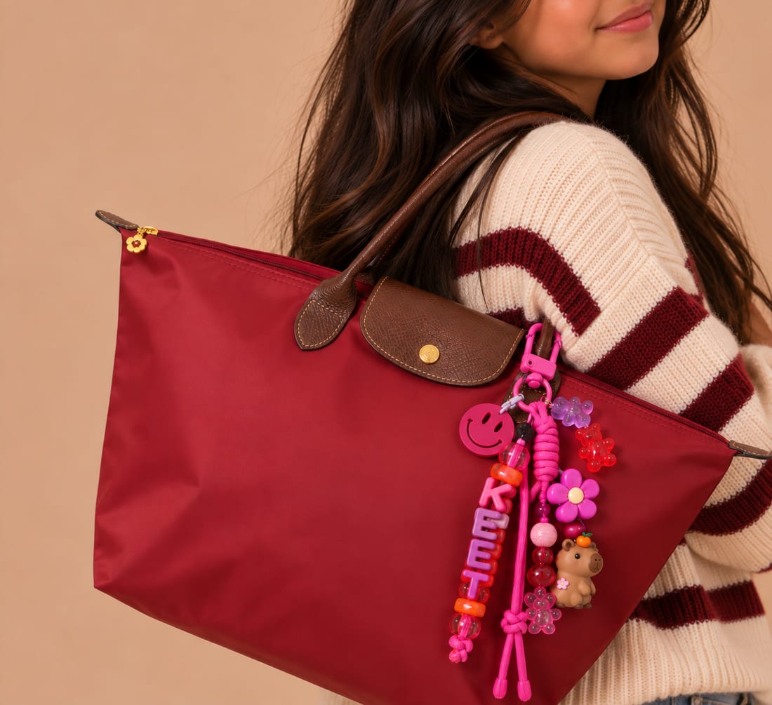 Bordeauxrode tas met een roze bag charm met de naam KEET
