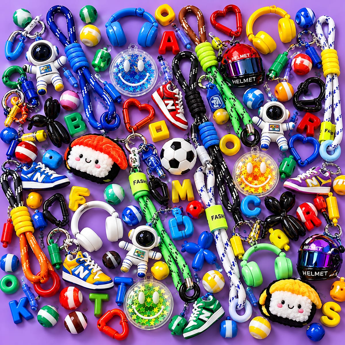 Stoere charms: sneakers, astronauten, helmen, koptelefoons, voetbal en letters op paars