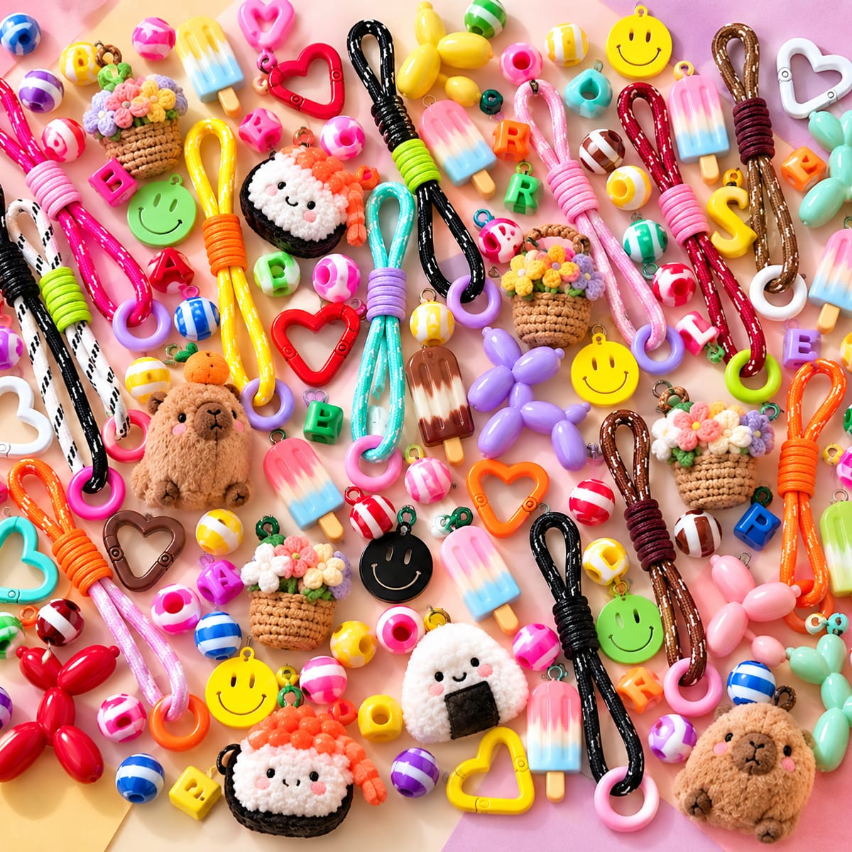 Kawaii charms: capibara’s, sushi, ijsjes, bloemenmandjes, hartjes en gestreepte kralen op pastel
