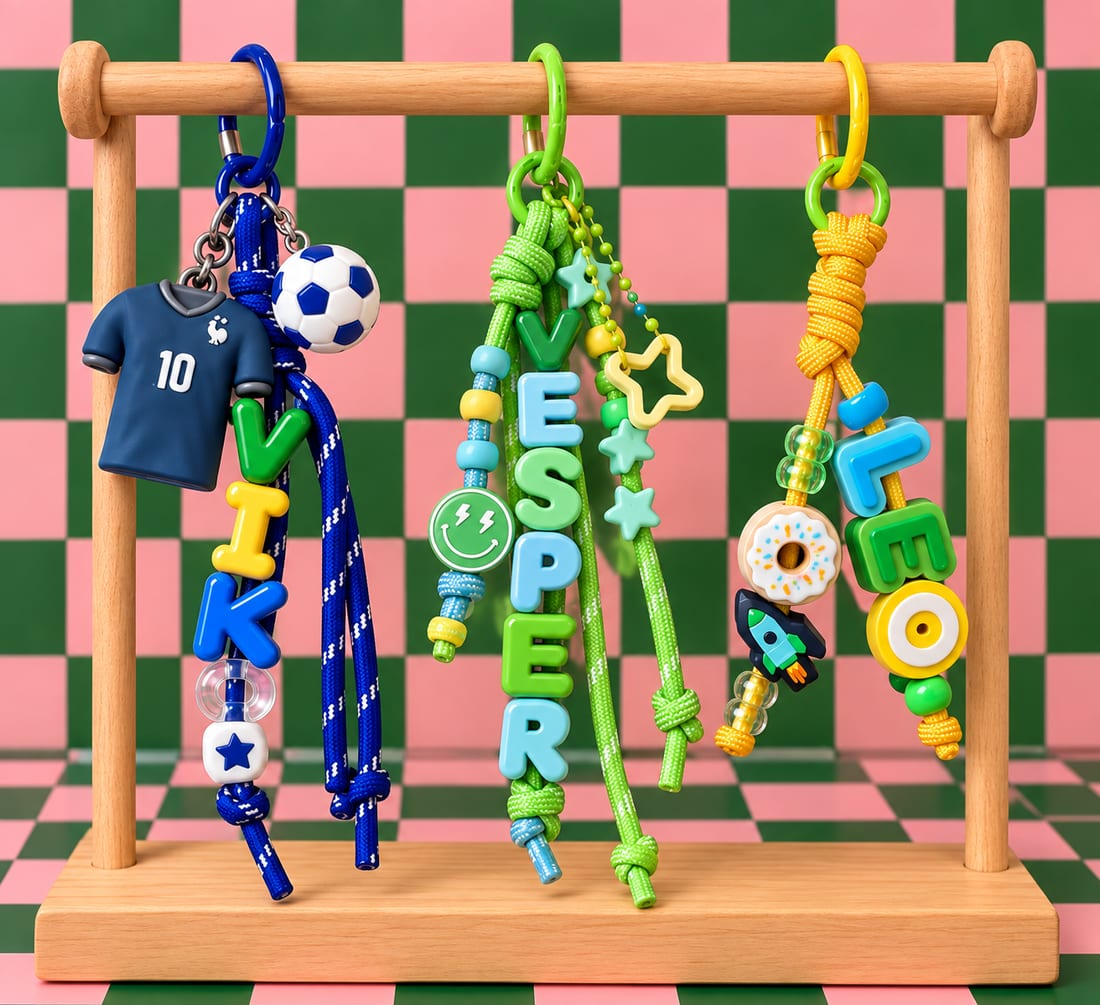 Drie bag charms met de namen VIK, VESPER en LEO aan een houten standaard
