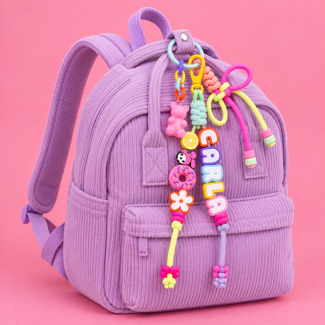Lila rugzak met een bag charm met de naam CARLA