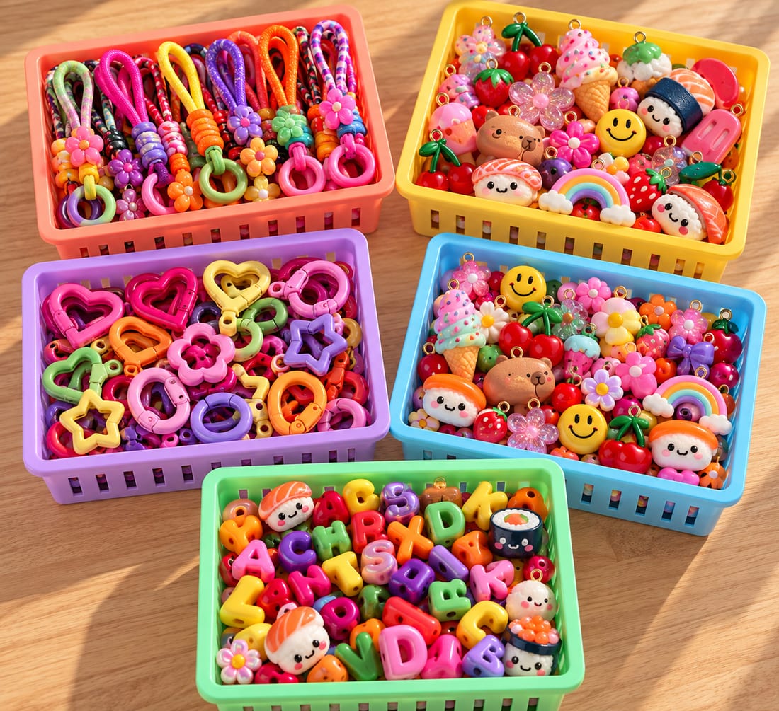 Pastelkleurige mandjes vol kawaii charms, kralen, letters en hartjes