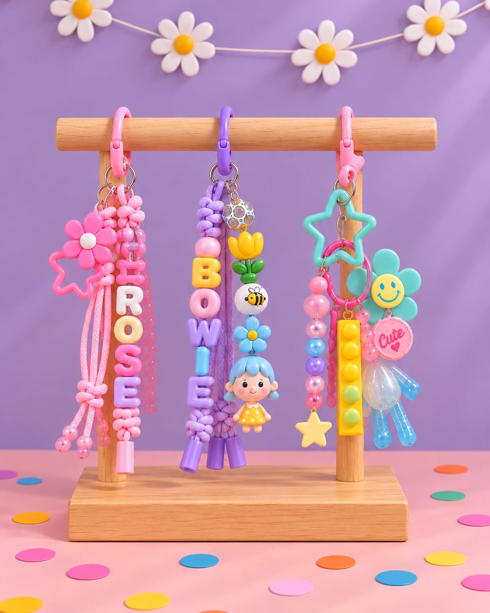 Pastelkleurige bag charms met de namen PHILOU en MIA aan een houten standaard
