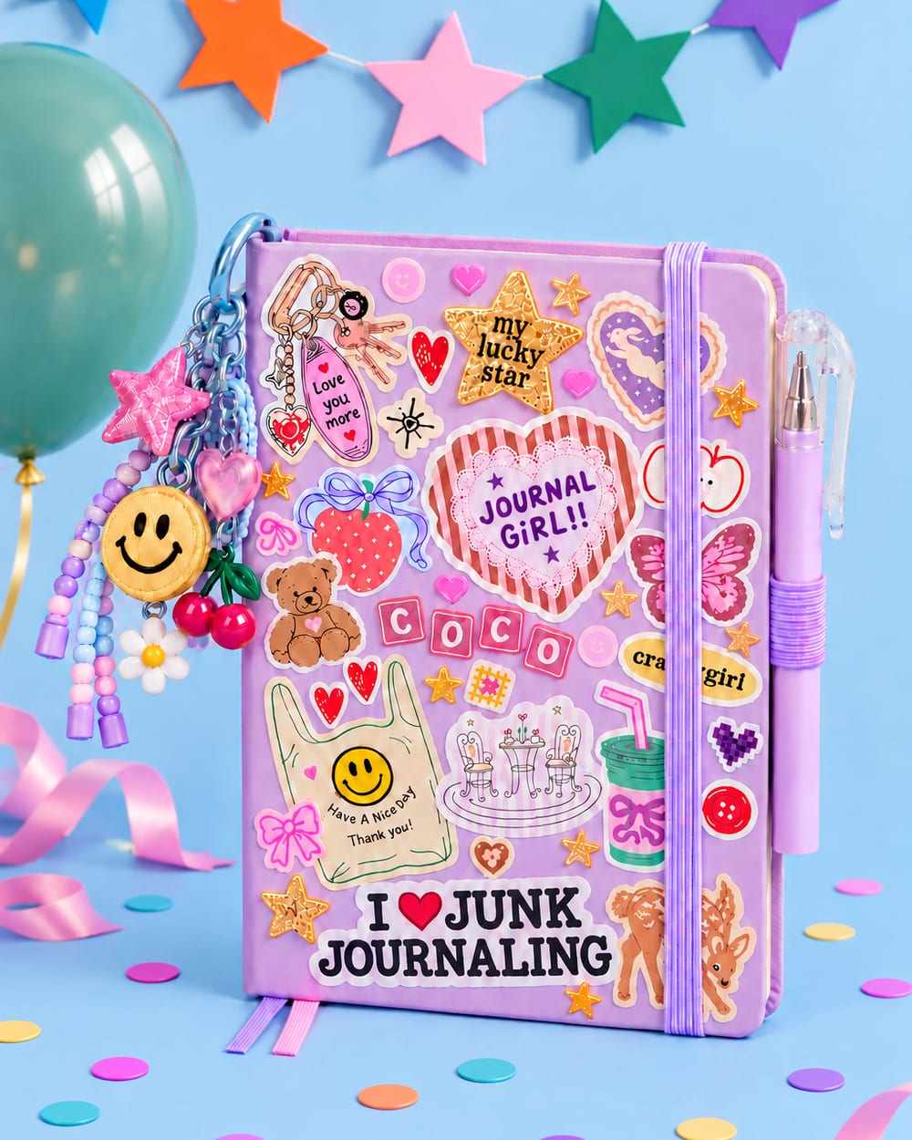 Lila journal vol stickers met de naam COCO, een pen en een bag charm, met ballon en sterrenslinger