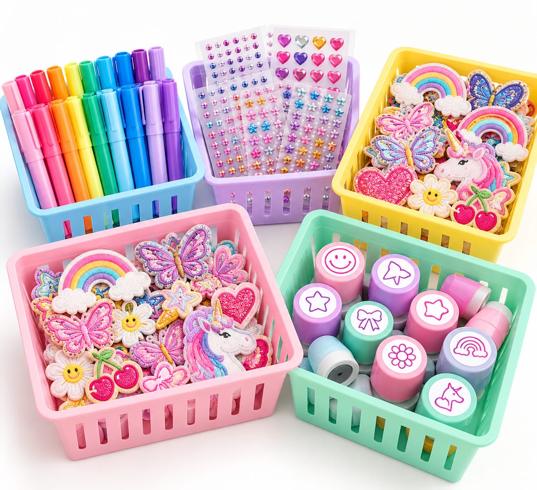 Knutselmandjes vol unicorn- en regenboogpatches, stiften, stempels en glittersteentjes