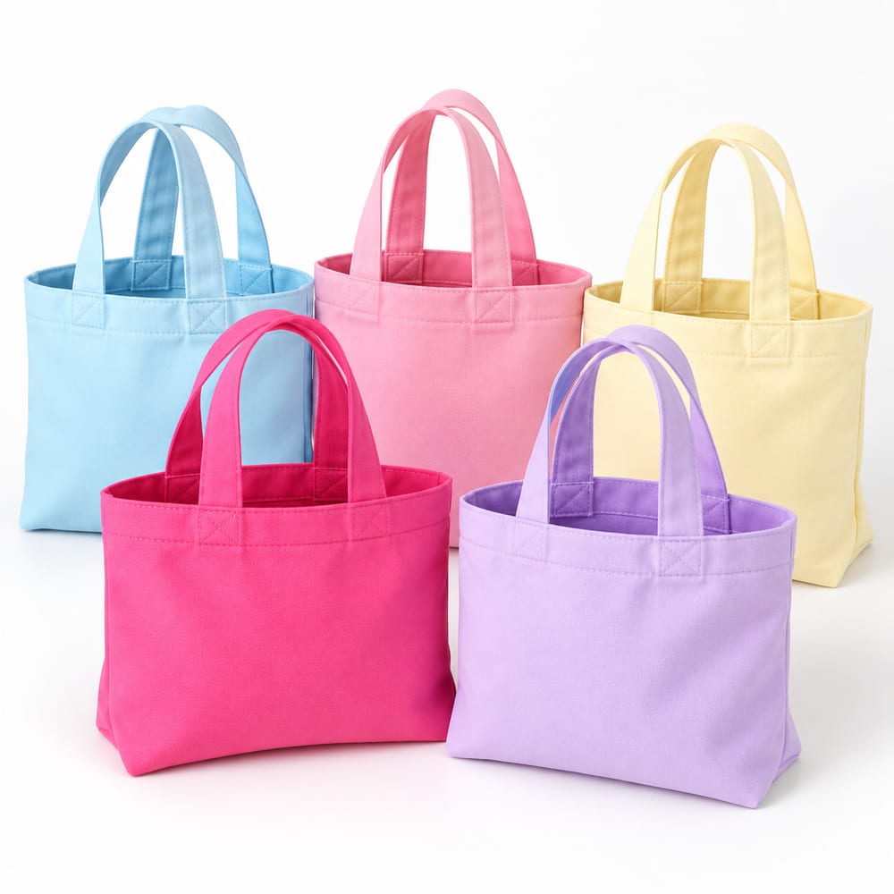 Mini tote bags in lichtblauw, roze, geel, fuchsia en lila