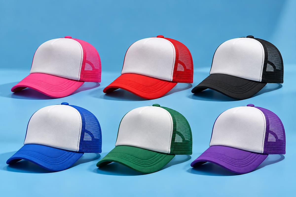 Zes blanco trucker caps in roze, rood, zwart, blauw, groen en paars