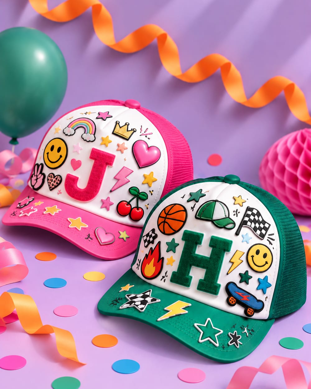 Twee trucker caps met een letter en patches tussen confetti en slingers: een roze met J, hartjes en sterren, en een groene met H, basketbal en vlammen