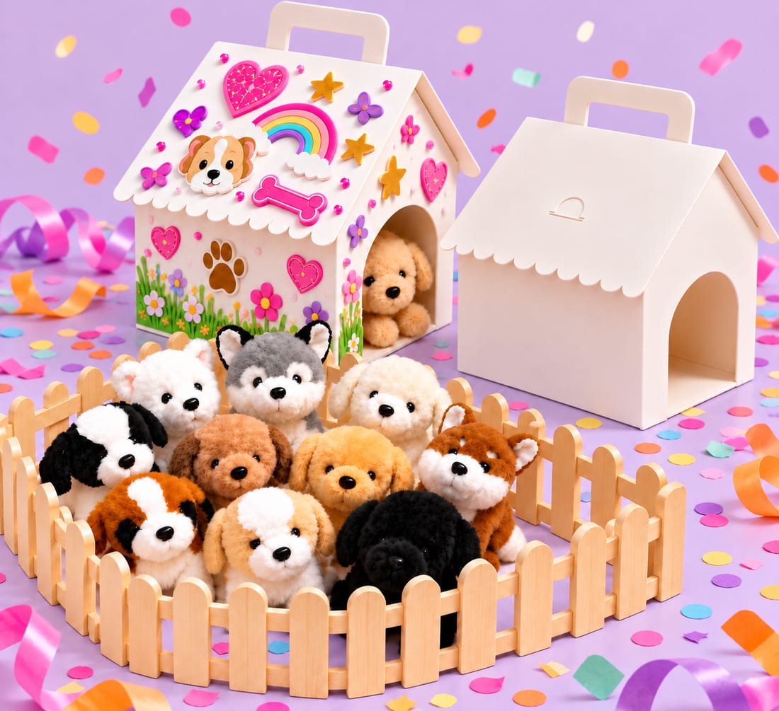 Pluche puppy's in een houten hekje met confetti, een versierd en een blanco kartonnen puppyhuisje